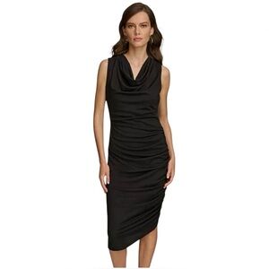 Venus Gray Cowl Neck Ruched Midi Dress Sleeveless Bodycon Cocktail Date Night XS